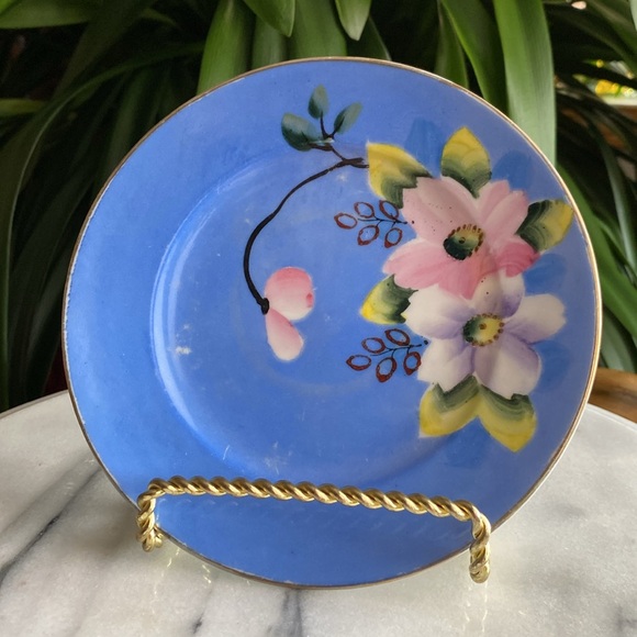 Vintage Hand Painted Bird + Floral Serving Cake Plate and 5 Dessert Plates Set - Picture 6 of 11